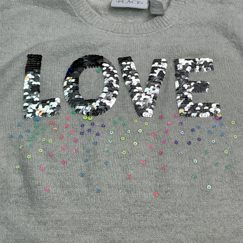 The Children's Place Grey Shimmer LOVE Sweater Girls Size 14 XL Rainbow Sequin